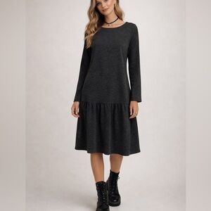 LOFT Charcoal Grey Dropped Waist Midi Dress S Goth Witchy Grunge Minimalist